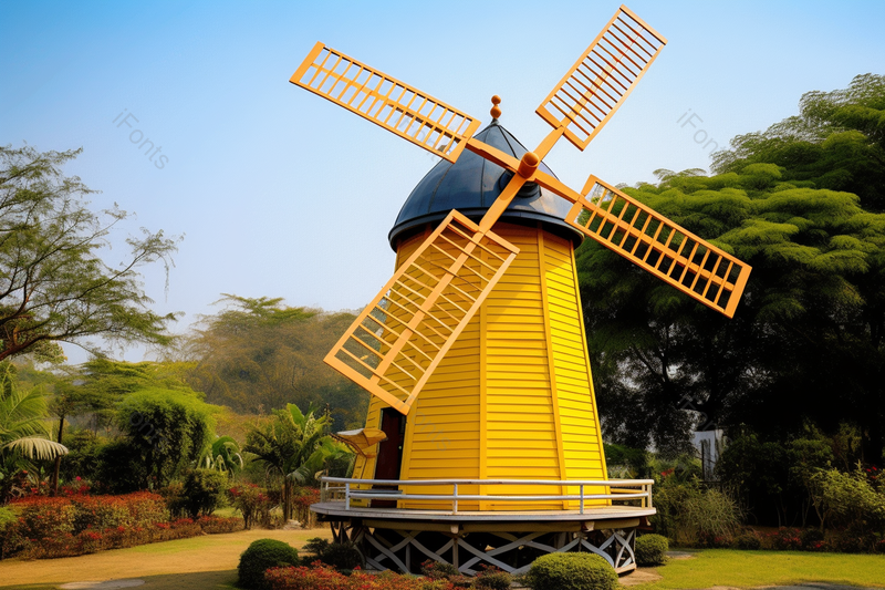 蓝天白云与黄色的四叶子风车屋子,高清,摄影图,摄影图片,图片大全,摄影图免费下载